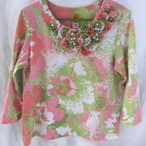 Ruby Rd PM Shirt Blouse Pink Peach Green Floral